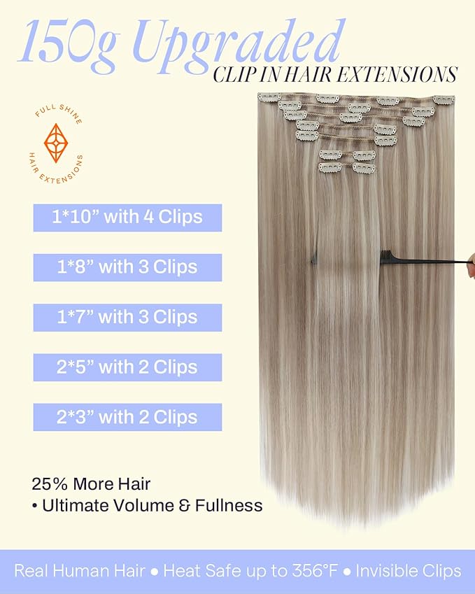 Full Shine Human Hair Clip in Extensions 24 Inch Ash Blonde Highlighted Platinum Blonde Long Thick Clip in Human Hair Extensions for Wedding 150 G 7 Pcs