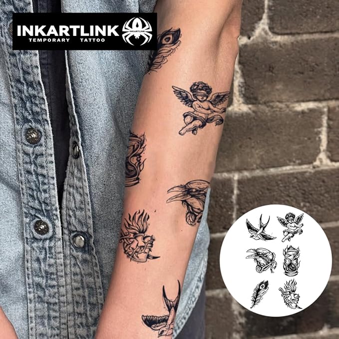 INKARTLINK Semi Permanent Tattoo, Creative party tattoos, beautiful and realistic designs, fun tattoo experience, cruelty-free, non-reflective, waterproof (Angel, Feather, Bird)