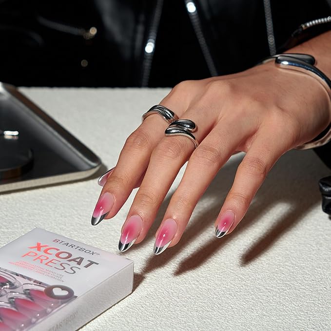 BTArtbox French Tip Press On Nails - Lamp-Curable Blush Pink Almond Press On Nails with Glue for Women, Silver Outline Soft Gel Glue On Nails in 15 Sizes - 30 Stick On Nails Kit, Lolita Razor