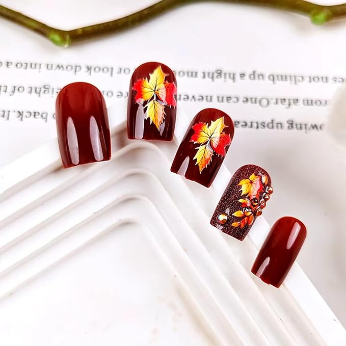Fall Press on Nails 3D Maple Leaf Fake Nails with Rhinestones Design Brown Glossy Glue on Nail Medium Square Acrylic False Nail Stick on Fingernails Thanksgiving Artificial Nails for Women