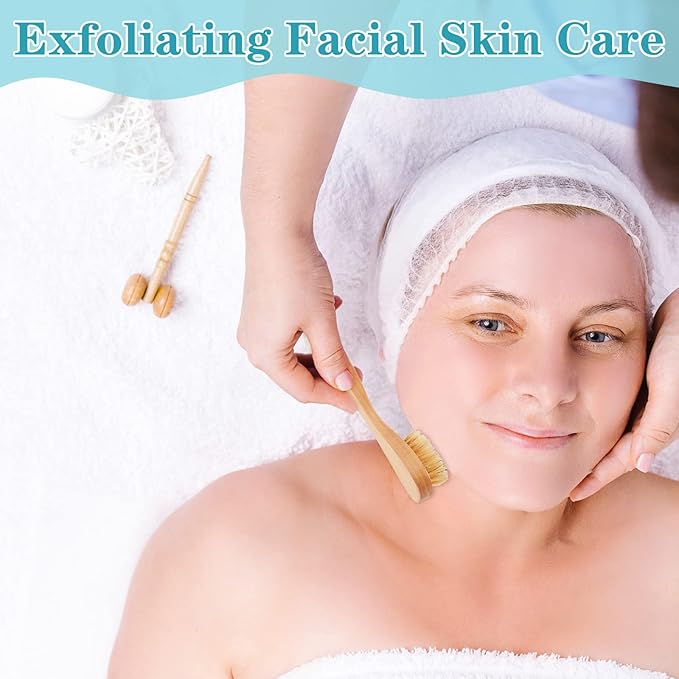 Nuanchu 6 Pcs Wooden Face Cleaning Brush Facial Exfoliator Brush Dry Scrubber Natural Bristles for Face Care Scrubber Exfoliator Wood Handle Facial Cleanser Tool to Unclog Pore