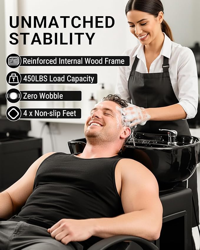 Shampoo Bowl and Chair Set for Salon, ABS Plastic Hair Washing Sink Unit for Hair Stylist, Backwash Barber Sink with Side Store Compartment for Spa Beauty, Black