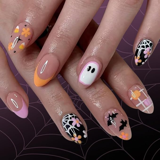 24Pcs French Tip Press on Nails Medium Almond Nails Halloween Fake Nails with Designs Reusable Pumpkin Stick on Nails Spider Web False Nails Ghost Acrylic Nails Cute Flower Glue on Nails for Women