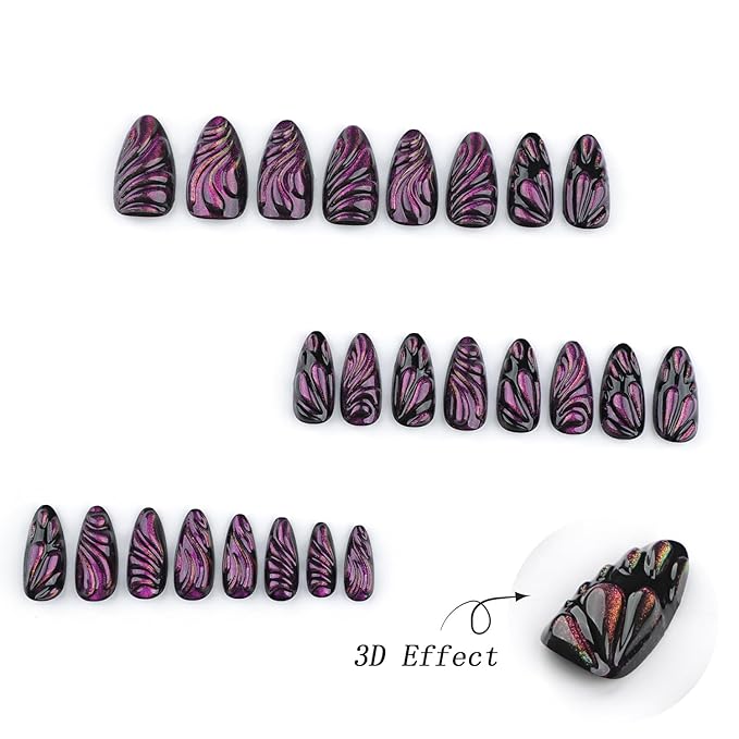 24Pcs Purple Press on Nails Medium Almond Fake Nails with 3D Butterfly Wings Water Drop Designs Stick on Nails Glitter False Nails Full Cover Cool Acrylic Nails Black Purple Glue on Nails for Women