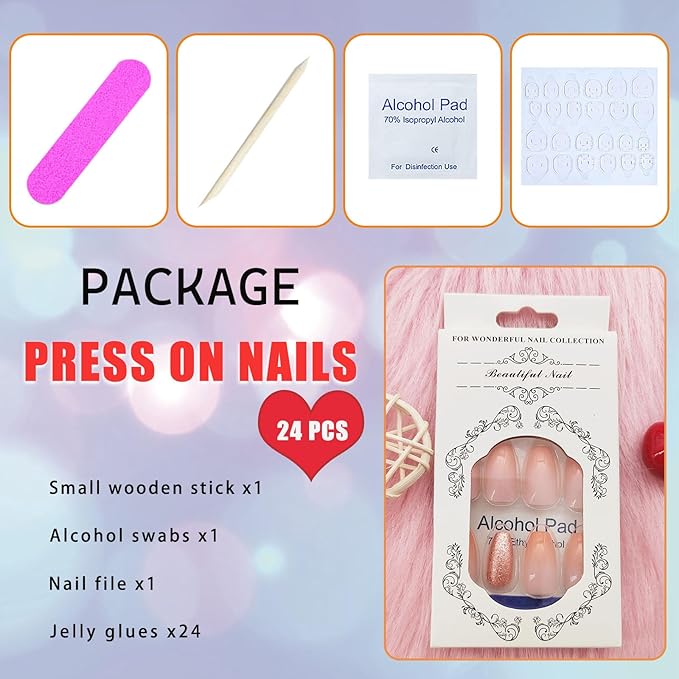 Gradient Orange Press on Nails Short Coffin - Golden Glitter Short Fake Nails Press ons, Full Cover Glue on Nails Glossy Artificial Acrylic Nails for Women 24 Pcs