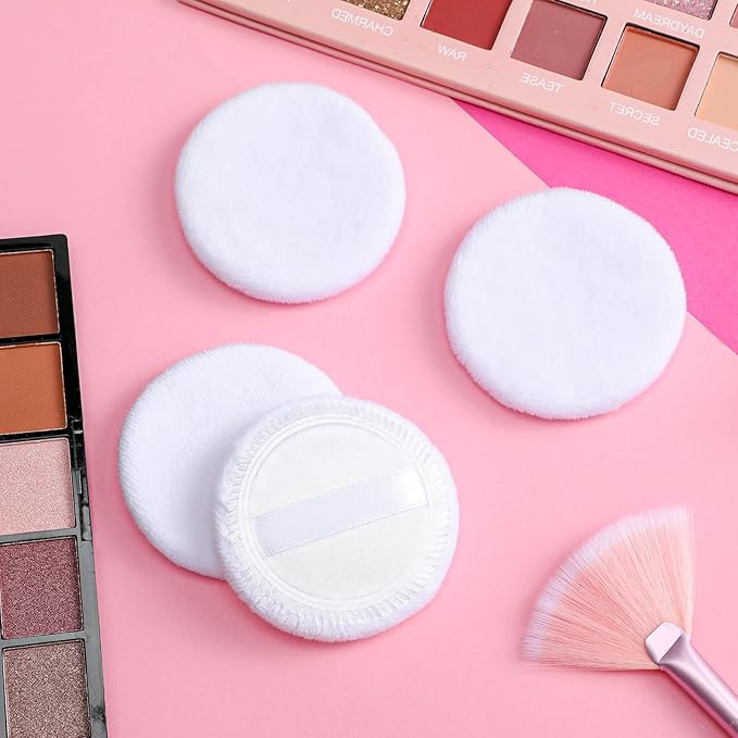 10Pcs 100% Cotton Round Dusting Powder Puff, White Round Velour Makeup Powder Puff, 2.4 Inch Soft Velour Foundation Puffs, Body Face Powders Puffs with Ribbon for Loose and Foundation