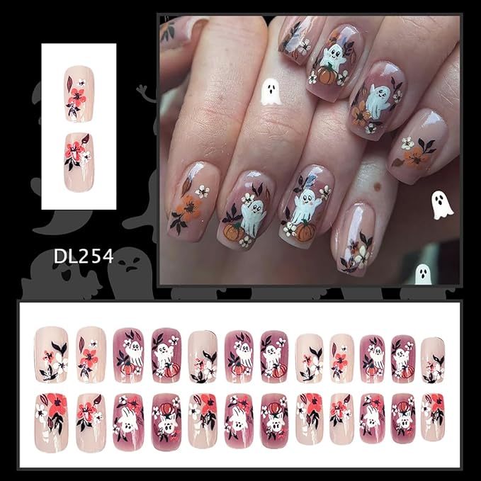 Halloween Ghost Press on Nails Medium Square Fake Nail Cute Ghost Flower Pumpkin Design Glue on Nails Autumn Flowers False Nail Glossy Full Cover Stick on Nails for Women Manicure Supplies 24Pcs