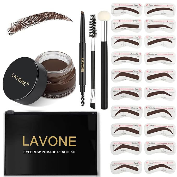 LAVONE Eyebrow Stamp Stencil Kit - Brow Stamp Trio with Waterproof Pencil, Pomade, 20 Stencils, Dual-ended Brush and Sponge Applicator - Espresso