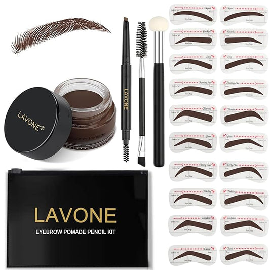 LAVONE Eyebrow Stamp Stencil Kit - Brow Stamp Trio with Waterproof Pencil, Pomade, 20 Stencils, Dual-ended Brush and Sponge Applicator - Espresso