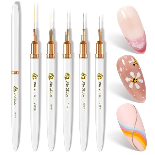 UNA GELLA Nail Art Brushes Metallic, Liner Pens Set For Nail Art Gel Polish, 5Pcs White Color, Detail Nail Art Design Painting Brush Set For Nails Gel Fine Drawing Nail Tools, Sizes 7/9/11/15/25mm