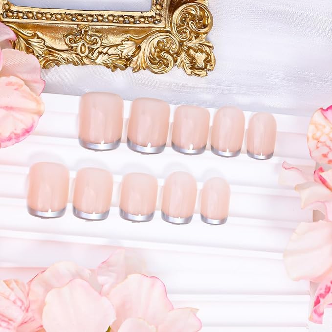 Silver French Tip Press on Nails Short Fake Nails Square Glue on Nails Glossy Acrylic Nail Nude Full Cover False Nail Reusable Artificial French Stick on Nail Supplies for Women Manicure 24Pcs