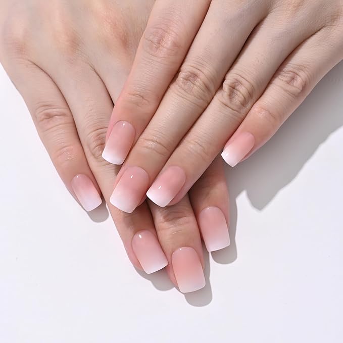 Pink Nude Ombre Press On Nails Short Square, Gradient French Tip Designer Fake Nail Reusable Real Acrylic Nails for Women, Glossy Soft Gel False Nail with Glue On Nails, Wedding Stick On Nail