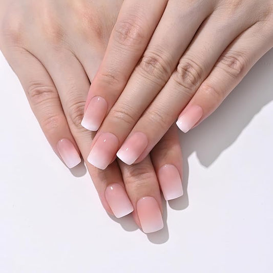 Pink Nude Ombre Press On Nails Short Square, Gradient French Tip Designer Fake Nail Reusable Real Acrylic Nails for Women, Glossy Soft Gel False Nail with Glue On Nails, Wedding Stick On Nail