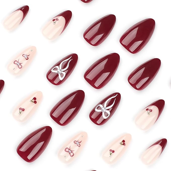 Red French Tip Press on Nails Cherry Fake Nails Short Almond False Nails with Pearl Design Bow Glue on Nails Glossy Artificial Acrylic Full Cover Nude Stick on Nails for Women Manicure 24Pcs