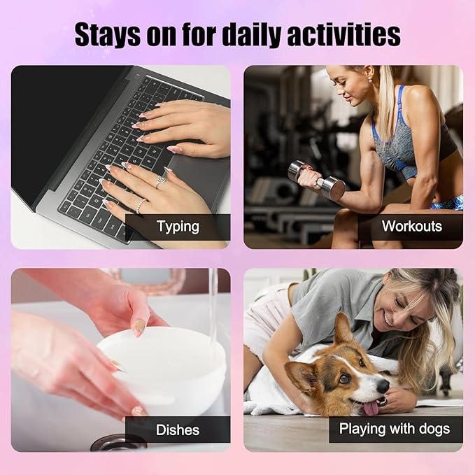 Pink Blue French Tip Press On Nails Flower Medium Almond-3D Floral Handmade Nude-Salon Gel Acrylic Full Set 10pcs Reusable(Floral Fantasy, Size M)