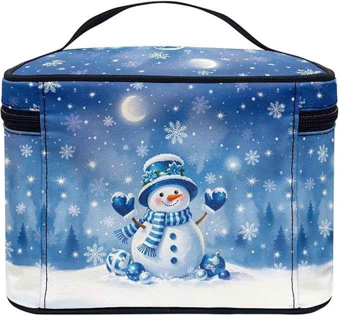 Cute Snowman Travel Makeup Bags for Women Snowflake Print Portable Tote Cosmetic Case with Carry Handle Toiletry Accessories Storage Organizer Bags for Christmas, Blue