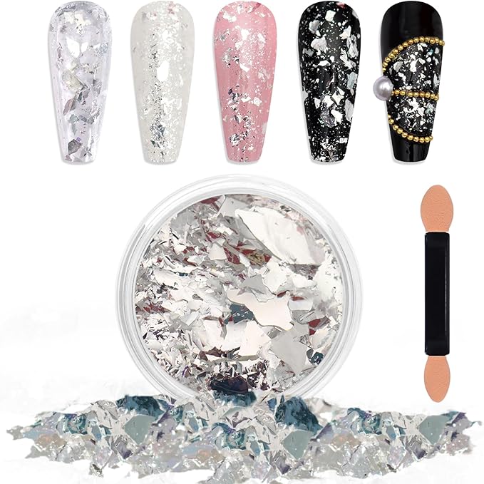Laza Silver White Pearlescent Nail Flakes Glitter Irregular Opal Nail Foil Flakes Chunky Confetti Moonlight Chrome Sequins Aurora Fairy Dust for Mermaid Nails Design, Nail Decorations for Nail Art