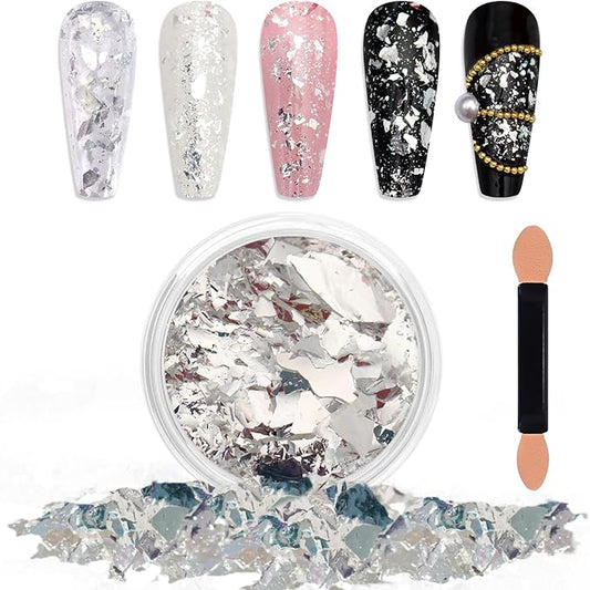 Laza Silver White Pearlescent Nail Flakes Glitter Irregular Opal Nail Foil Flakes Chunky Confetti Moonlight Chrome Sequins Aurora Fairy Dust for Mermaid Nails Design, Nail Decorations for Nail Art