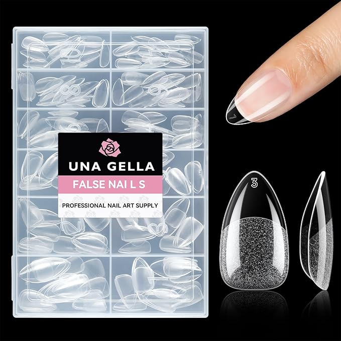 UNA GELLA Short Almond Fake Nails 216pcs Pre-shape Gel Acrylic Nail Tips for Full Cover Nail Extension Home DIY Nail Salon 12 Sizes Gelly Tips