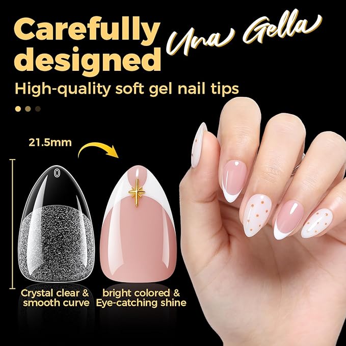 UNA GELLA Short Almond Gel Nail Tips, 600 Pcs Pre-Filed Short Nail Tips Almond Shape Half Matte Press On Nails 12 Sizes Full Cover Clear Fake Nails for Extension Home DIY Salon with Box