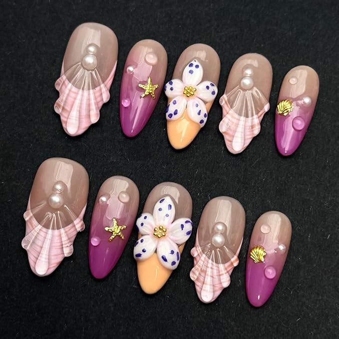 24Pcs French Tip Press on Nails Medium Almond Fake Nails 3D Flower Starfish Shell Pearl Designs Full Cover Glue on Nails Artificial Beach Nails Spring Summer False Nails for Women Girls Acrylic Nails
