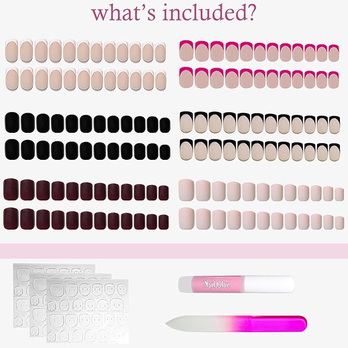 6 Packs (144 Pcs) French Tip Press on Nails - Jsiallye Wine Red/Black/Milky White Solid Color Short Square Press on Nails, Glue on with Nail in 12 Sizes - 24 Fake Nails Kit, Stick on Nails for Women
