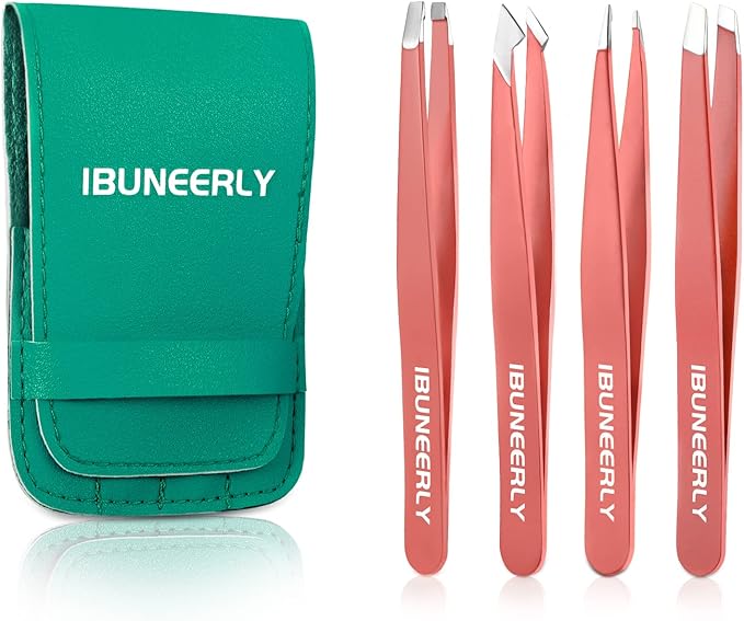 Eyebrows Tweezers Set, 4Pcs Stainless Steel Tweezers for Women with Travel Case, Great Precision for Ingrown Hair, Facial Hair and Splinter Removal