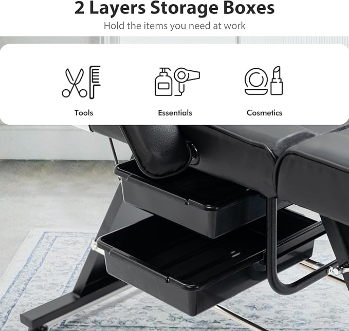 Esthetician Bed for Facial Tattoo Chair with Two Trays Adjustable Folding Salon Bed with Hydraulic Stool Massage Bed for Professional Massage Facial Lash Beauty Treatment Spa, Black