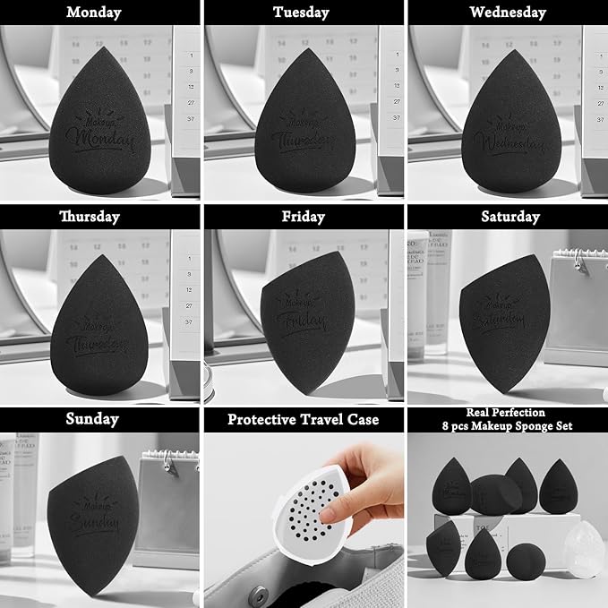 Real Perfection Makeup Sponge Set Blender Sponges, Latex-Free Beauty Makeup Sponges 7 pcs with 1 Travel Container Case for Blending Foundation Liquid Cream and Powder (Black)