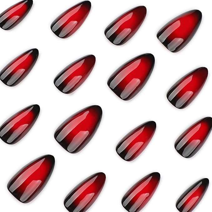 Medium Almond Press On Nails – Red and Black Gradient Glossy Acrylic Fake Nails, 24PCS Reusable Stick On Nails Kit with Glue & Tools for Women, Shiny Vampire Ombre Nails for Party & Everyday Wear