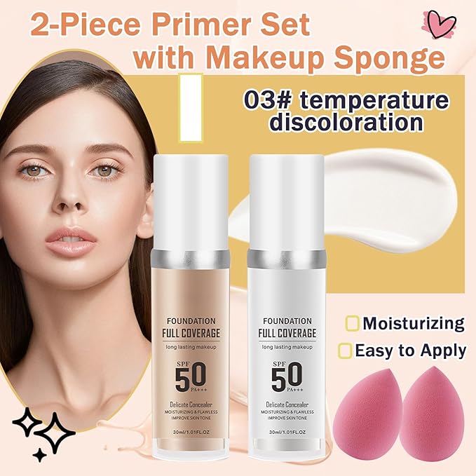 Color Changing & Natural Foundation with 2 Makeup Sponges, Moisturizing Full Coverage Liquid Foundation, Non-greasy Long Lasting Flawless Concealer Cream Makeup Set