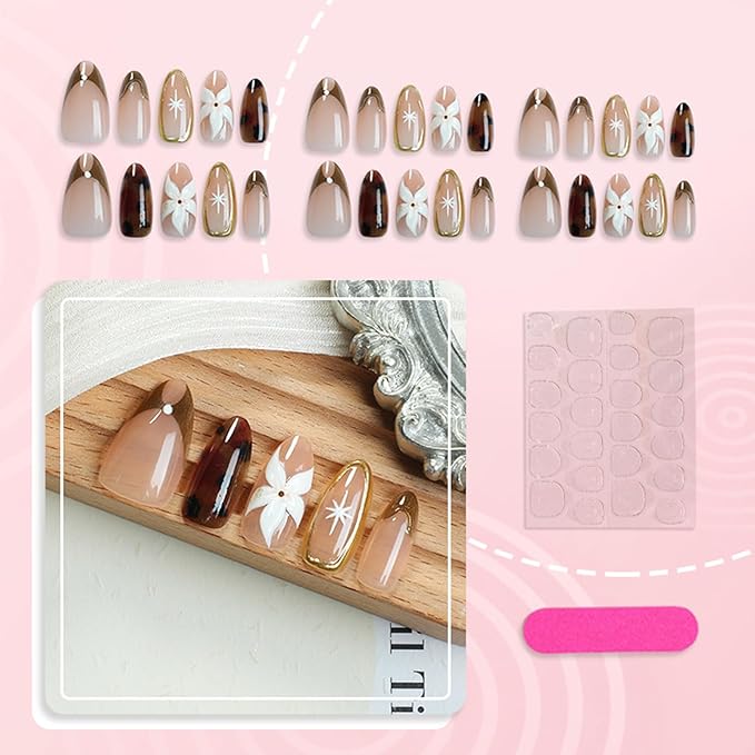 30Pcs Almond Press on Nails Medium Fake Nails with 3D Flower Designs French Tip Cheetah Print Nails Glossy Brown Acrylic False Nail Tortoiseshell Artificial Glue on Nail for Women