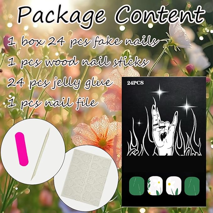 24Pcs Flower Press on Nails Short Square Fake Nails White Daisy Floral Acrylic Nails Green Glossy Full Cover False Nails Spring Summer Design Glue on Artificial Nails for Women Manicure Supplies