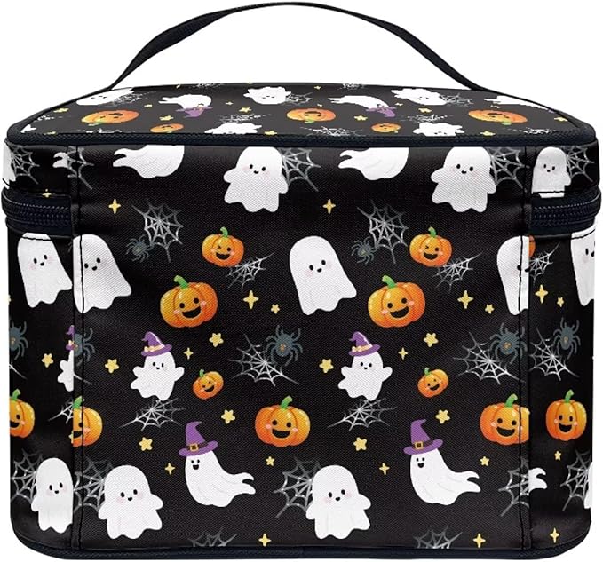 Halloween Travel Makeup Bags for Women Bat Pumpkin Spider Web Pattern Portable Tote Cosmetic Case with Carry Handle Toiletry Accessories Storage Organizer Bags