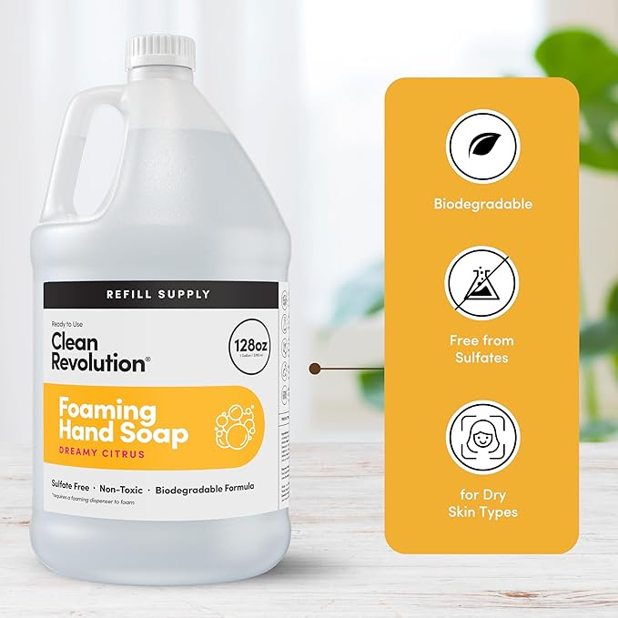 Clean Revolution Foaming Hand Soap Refill Supply Container, Ready to Use Formula, Gluten Free, Dreamy Citrus Fragrance, 128 Fl. Oz, 4 Pack