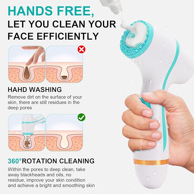 Facial Cleansing Brush, 3 in 1 Electric Face Scrubber with 3 Brush Heads for Women/Men, Waterproof Rechargeable Face Cleansing Brush for Dry Oily Sensitive Skin (Blue)