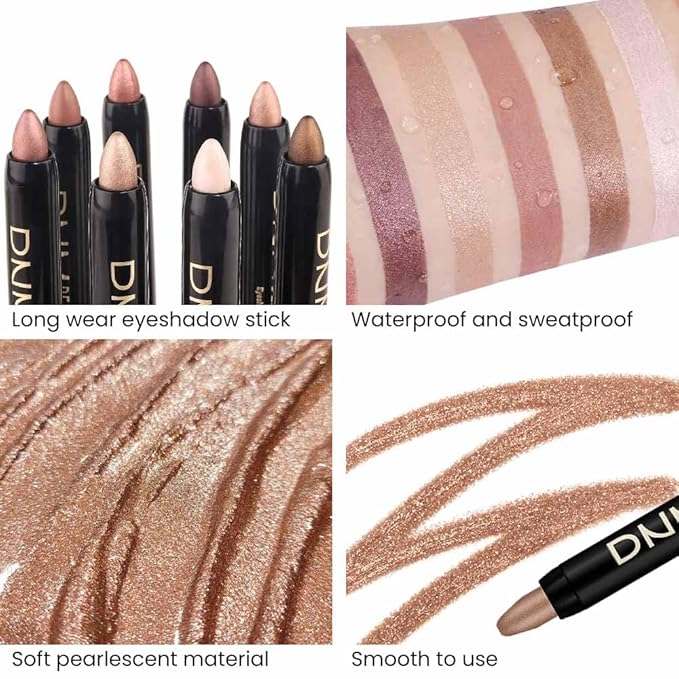 evpct 8Pcs Cream Eye Shadow Brightener Sticks Makeup Sets, Champagne Pearl Bronze Putty Sand Orchid Rose Gold Shimmer Matte Eyeshadow Eyeliner Pencil Applicator Stick Palette Makeup for Older Women 08