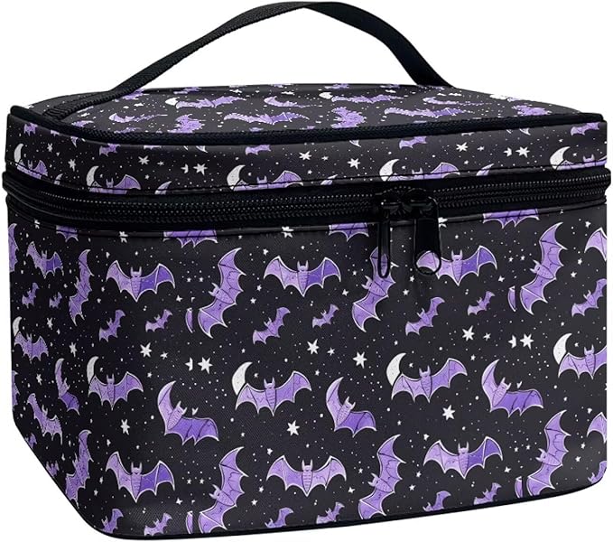 Bat Stars Pattern Travel Makeup Bags for Women Portable Tote Cosmetic Case with Carry Handle Toiletry Accessories Storage Organizer Bags for Halloween