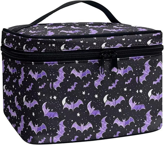 Bat Stars Pattern Travel Makeup Bags for Women Portable Tote Cosmetic Case with Carry Handle Toiletry Accessories Storage Organizer Bags for Halloween