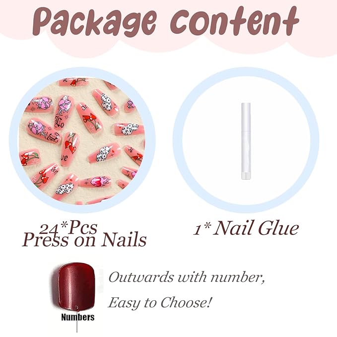 BABALAL Press on Nails Long Coffin Fake Nails Pink Heart Glue on Nails Valentine Day Dice Arcylic Nails 24Pcs Manicure False Nails Ballerina Stick on Nails Glossy Artificial Nails