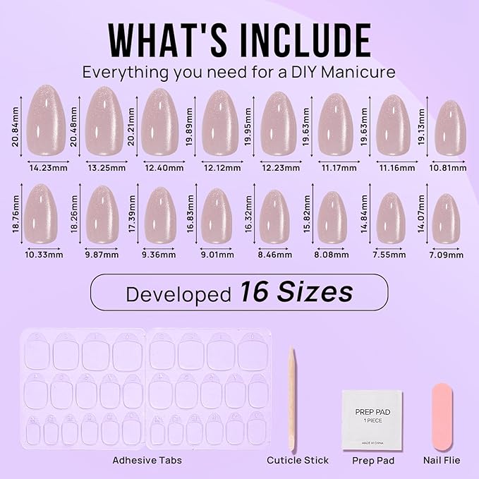BTArtbox Press On Nails Almond - Soft Gel Fake Nail with Nail Glue, Reusable Opaque Short Stick On Nails in 16 Sizes Nail Kit for Gift Idea, Aurora Cat Eye