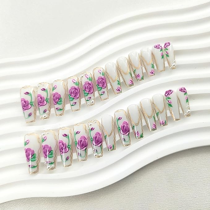 Extra Long Press on Nails Coffin False Nails Purplr Flower Golden Lines Design Pearl Glue on Nails White Acrylic Nails Press ons Glossy Fake Nails Long Coffin Stick on Nails for Women 24Pcs