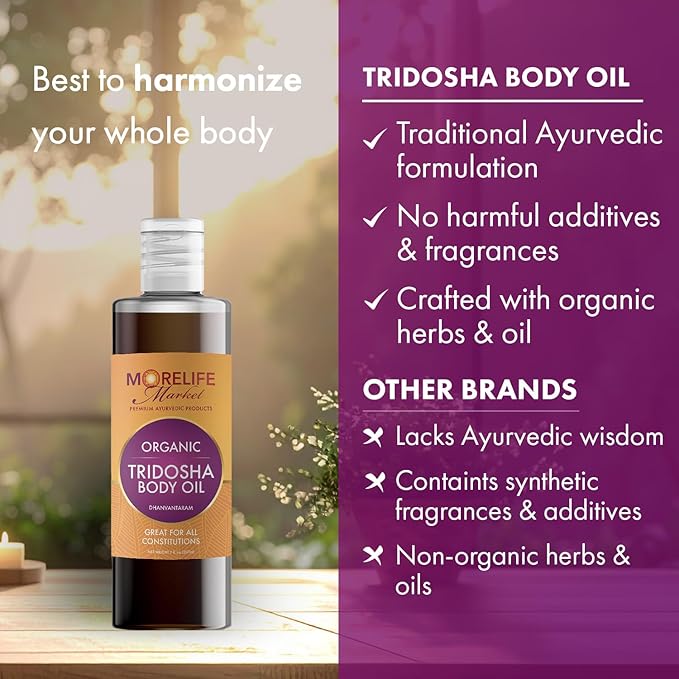 Tri-Dosha Body Oil (Dhanwantram Oil) | Premium Ayurvedic Massage Oil with 45+ Organic Herbs for Vata, Pitta & Kapha Balance | Herbal Wellness Ritual & Skin Radiance – 7 oz Bottle