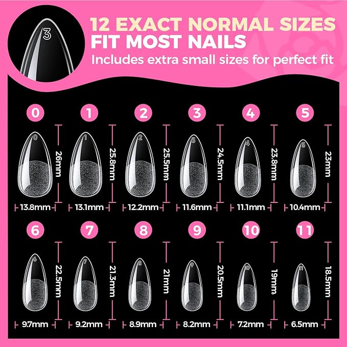 UNA GELLA Almond Gel Nail Tips, 504PCS Pre Etched Clear Fake Nails Tips Medium Almond Shape - 12 Sizes Full Cover Soft Acrylic Press On Nail Extensions No C Curve Gift for Diy at Home