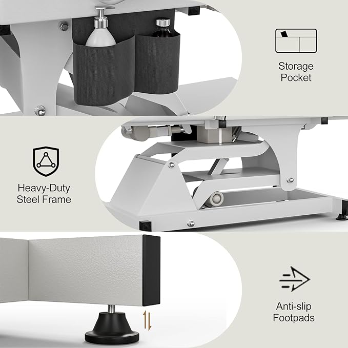 SyyBhb White Fully Electric Spa Bed Tattoo Chair Facial Table 3 Motor with Storage Pocket, 21''-28" Height Backrest Footrest Electric Adjustable, 3-Section Folding