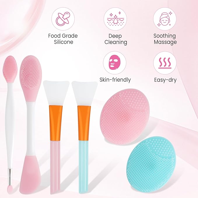 6PCS Silicone Face Scrubber Brush Set- 2PCS Facial Cleaning Brush Exfoliator Tools- 2PCS Silicone Face Mask Applicator Brushes- 2 in 1 Double-Headed Lip Scrubber Skin Care Tools