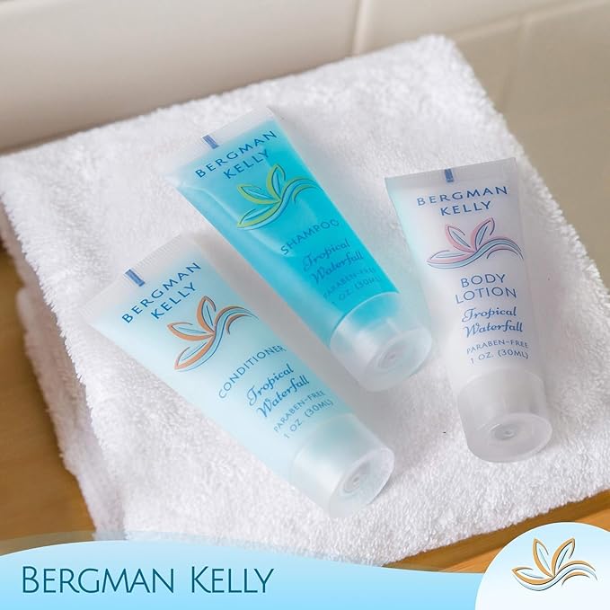 Bergman Kelly - Hotel Toiletries Bundle - Tropical Waterfall, 1 oz each, 18800 pcs - 4-Piece Set: Rectangular Bar Soap, Shampoo, Conditioner & Body Lotion (4700 each) - Bulk Mini Guest Amenities