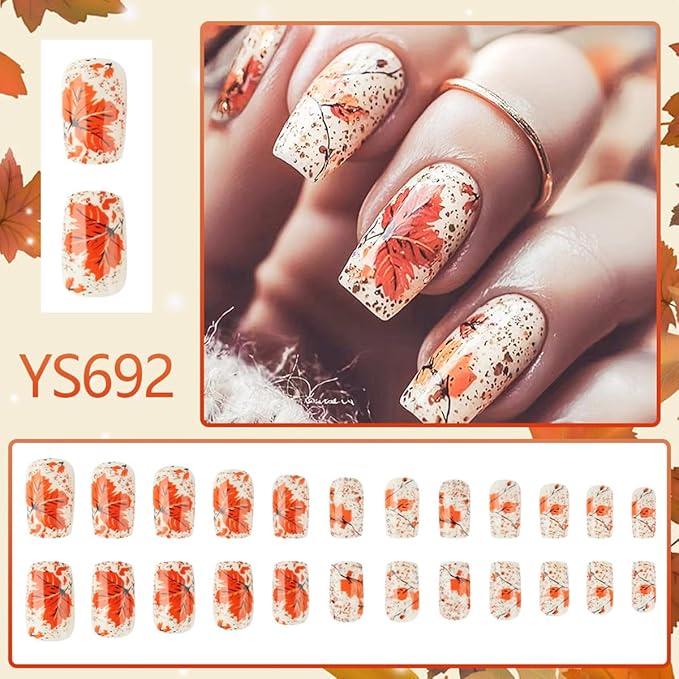 24Pcs Fall Press on Nails Square Medium Length Fake Nails Red Maple Leaves Autumn Nail Designs Thanksgiving Nail Press ons False Nails Glossy Reusable Autumn Winter Glue on Nails for Women
