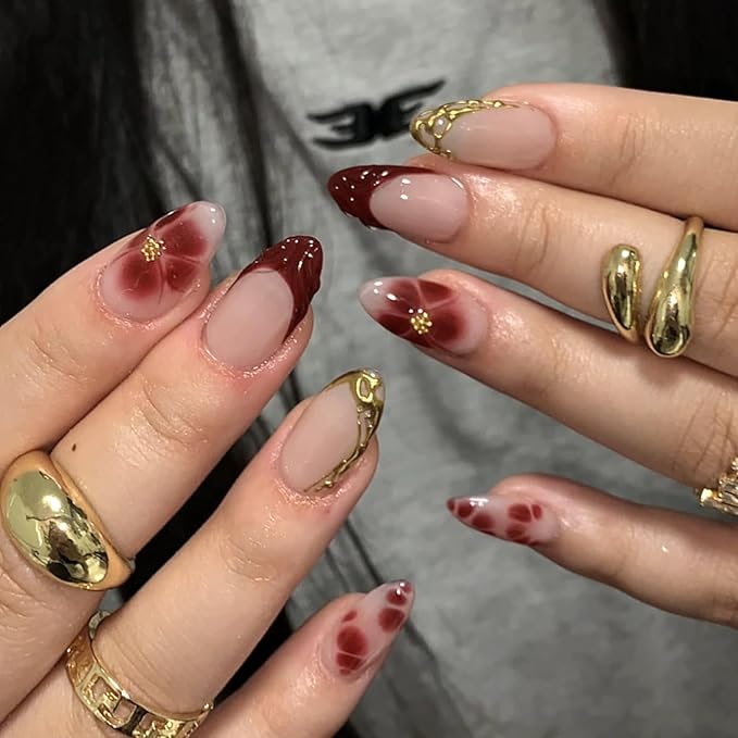 3D Dark Red French Tip Press on Nails Flower Medium Almond False Nails Glossy Gold Curve line Acrylic Fake Nail Tortoise Pattern Stick on Fingernails Petal Gel Glue on Nail for Women 24Pcs