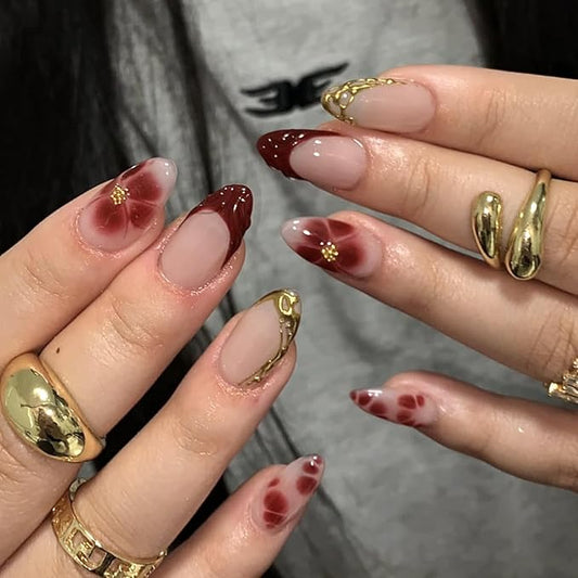3D Dark Red French Tip Press on Nails Flower Medium Almond False Nails Glossy Gold Curve line Acrylic Fake Nail Tortoise Pattern Stick on Fingernails Petal Gel Glue on Nail for Women 24Pcs